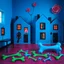 Placeholder: Fotografia di salotto blu weirdcore dai colori vivaci. Le case sono dipinte di nero chiaro con g stilizzate e dettagli come mani. Ci sono rose con finestrelle quadrate, che danno un senso distopico e molto surreale. Sul pavimento alcune ossa verdi e altre blu, disposte in modo casuale. L'atmosfera generale sembra noiosa e onirica, con un contrasto tra elementi reali ed elementi dipinti
