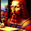 Placeholder: leonardo da vinci works a laptop at his desk. painting in photoshop. hyperdetailed, warm colors, movie poster, oil on canvas, lens flare