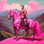 Placeholder: a big muscle man sitting on a pink horse in hills like a 19th painting