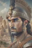 Placeholder: Mesopotamian warrior, expression serious, aura, portrait, background Mesopotamian city
