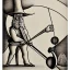 Placeholder: hand drawn in single line by Nicolai Blatter with hatch with parallel wavy lines metal engraving representing the Adventures of Don Quixote de la Mancha in bosch style or salvador dali style