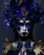 Placeholder: A beautiful frosty voidcore shamqnism decadent vantablack iris and gqrden pansy floral headdress adorned beautiful young woman wearing etherialism goled filigree black iris and gqrden pqnsy peatals and rdaisy and iris leaves embossed ornated costume ahd metallic filigree botanical Golden glittering hvenetian. organic bio spinal ribbed detail of metallic filigree vantablack background extremely detailed hyperrealistic maximálist concept art