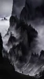 Placeholder: surrounded by clouds, the mountain cliff face climbs up and disappears into the mist. the fog settles over the valley and off to the sides, creating a sense of height and mystery