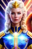 Placeholder: young cosmic woman admiral from the future, one fine whole face, large cosmic forehead, crystalline skin, expressive blue eyes, blue hair, smiling lips, very nice smile, costume pleiadian,rainbow ufo Beautiful tall woman pleiadian Galactic commander, ship, perfect datailed golden galactic suit, high rank, long blond hair, hand whit five perfect detailed finger, amazing big blue eyes, smilling mouth, high drfinition lips, cosmic happiness, bright colors, blue, pink, gold, jewels, realistic, real