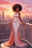 Placeholder: The scene opens onto a serene balcony overlooking a bustling city skyline. The sky above is painted in soft hues of orange and pink as the sun begins its descent, casting a warm glow over everything it touches. In the foreground stands a captivating figure, airbrush chibi cartoon curvy black woman exuding confidence and elegance. She is adorned in a flowing white knit maxi dress that hugs her curves in all the right places, accentuating her silhouette. Her choice of footwear is equally stunning