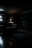 Placeholder: a dark scary quiet living room with no windows and a flickering light
