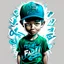 Placeholder: 3d Vector t shirt art ready to print blue green light ograffiti illustration of A boy Indonesia and a basecap with text "fadhil" On cap, white background.