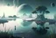 Placeholder: Alien landscape with grey exoplanet in the sky, Lagoon reflection, vegetation, sci-fi, concept art, movie poster, cinematic