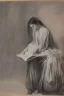 Placeholder: Pencil sketch of Young woman, Arab features,sad, long wavy hair, reading a book, full body، on lined paper