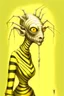 Placeholder: Artist Jean-Baptiste Monge style. A humanoid biomorph Zebra-Spider faced woman. Yellow eyes. A yellow striped ress, covered with spider legs.