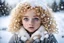 Placeholder: Lonely orphan with big innocent eyes and curly blonde hair and snowflakes in her hair. Lots of big snowflakes. Snowy landscape.