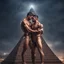 Placeholder: Hyper realistic shirtless muscular men hugging on the top of pyramid at rainy night