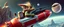 Placeholder: hairy macho cowboy gremlin lizard aliens with a chrome rocket backpack, living in a hi tech marvellous hot dog rocket with a mounted sling shot, heading for venus