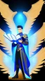 Placeholder: a human male with blue short hair and blue wings in assymetrical armor with geometric patterns and a book in hand, geometric wings