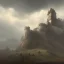 Placeholder: franz frazetta style, castle siege, heavy clouds, hills in the distance