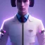 Placeholder: man, cute face, white highlight hair, brown eye, white, skin, purple suits, futuristic, science, purple, blue, dark pink background lighting, technology, profile, asian boy, square face, light orange