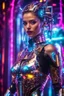 Placeholder: Photography High detailed super model beautiful woman as DJ body robot in disco club playing music,with cybernetic elements on metal dessing futuristic, neon lights reflections,intricate design and details, dramatic lighting, Cinematic lighting, Volumetric lighting, Epic composition, Photorealism, Bokeh blurry