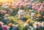 Placeholder: top view of a miniature flower farm scene with cute chibi anime gardener cats tending to the flower fields S<AI in sunshine, photorealistic, 3D, ethereal, cinematic postprocessing, bokeh, dof