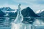 Placeholder: in a frozen sea with pretty mountains a full model lady statue made of frozon water in artist pose standing over a ice block looking at camera, of clear glass like ice that going to melt and water drops fall from all body.