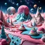 Placeholder: detailed creepy landscape made of cake frosting, cotton candy, ice cream, strong texture, extreme detail, octane render, stars and planets, Yves Tanguy, Max Ernst