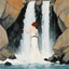 Placeholder: [art by René Gruau] posing beneath the waterfall by artist Egon Schiele