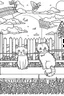 Placeholder: coloring page for kids, Cats on a fence, cartoon style, thick lines, low detail, no shading