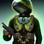 Placeholder: Alien, snake, metaljellyfishsombrero, vest, hands, holding gun, holster, steel military boots, squishy, chest plate, oxygen mask, bulbus nos snout, reptile pupil, blasterrifle