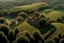 Placeholder: Drone view: in the style of Norman Rockwell, Caravaggio, and Steve Hanks, create a highly detailed evocative lush digital landscape featuring rolling foggy hills highlight light, shadows, and textures for added atmospheric effects.,