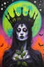 Placeholder: a woman wearing a thorny crown of black roses and weeping black tears, Halloween, bats, full moon in a nebula sky, neon spray paint, acrylic paint, fantastical surrealist world, in the style of Stephen Gammell, extremely detailed Zentangle style, sick, gothic, eldritch, candles, neon grape purple, dayglo orange, chartreuse green, Halloween