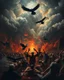Placeholder: Bosch painting style, nightmare , people suffering in hell , dramatic, great quality picture with cinematic scenes , show only heavy clouds and black birds in the background