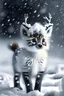 Placeholder: Create a white black Fluffy reindeer Mixed with a kitten in the Snow playing in the background is snowing but is very SCARY