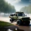 Placeholder: hyperrealistic shot, military toy truck, monotone color palette, sharp focus, puddle reflection, tire water splash, refraction, mist on the horizon, shadowcast, detailed and intricate, cinematic composition