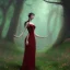 Placeholder: Girl with black hair using long red dress in a magic forest, fantasy style, surrealism, 8k