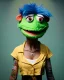 Placeholder: hybrid character, waitress sexy Asian woman with monster muppet mask that covers her entire head, yellow pop, short shirt, old school tattoo, retro style, Sesame Street style, neon, smooth, unreal engine 5, god lights, ray tracing, RTX, lumen lighting, ultra detail, volumetric lighting, 3d.