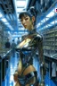 Placeholder: A digital photography portrait, by Hajime Sorayama, of a tech cybergirl standing in a cyberpunk shopping.