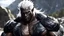 Placeholder: black humanoid made of rock, upper body, barechested, male, ((masterpiece, best quality)), cracked skin, white electricity coming through cracks, muscular male, (dragonborn:0.6), white hair outdoors, detailed background , depth of field