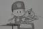 Placeholder: a toon character seating on film reel his hand with drawing paper and pencil and draw somthing