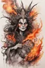 Placeholder: create an abstract ink wash and watercolor caricature portrait of a beautiful, malevolent, ornately dressed , 14th century sorceress engulfed in fire ,highly detailed with refined facial features in the cartoon caricature style of Gerald Scarfe and Ralph Steadman precisely drawn, boldly inked, vividly colored, 4k