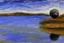 Placeholder: Alien landscape with one grey exoplanet in the horizon, pond, water reflection, rocky landscape, sci-fi, tendency to impressionism, realistic painting