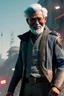 Placeholder: Old man Cyborg anime warrior, grey hair, trimmed grey goatee, brown eyes, waist up portrait, 4k resolution, intricate details, ornate details, soft lighting, vibrant colors, retroanime, futuristic cityscape background