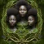 Placeholder: 3d render, Painting .three women. A mother. Two daughter. Twins. A mother with her children the faces of three young black women. wood nymphs emerging from the forest. Her hair looks like vines. Dreadlocs. Her skin is the colour of dark soil. Her skin looks like tree bark. Her clothing is made of vines, grass and leaves.