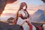 Placeholder: A woman from Genshin Impact, pale complexion and long brown hair, Her eyes are red with a diamond-shaped pupil, intricate background, intricate face, sitting on a cliff during sunset, contemplative, anime style, dynamic composition