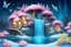 Placeholder: Little fairy house set in a magical snow covered forest. Lots of flowers, birds and butterflies. Sparks of light everywhere. The sky is blue. In the foreground are pink and yellow flowers, then a turquoise river that flows into the forest. intense colors. On the right, a waterfall near a small wood.