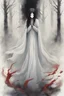 Placeholder: In a place filled with fog, there is an entity wearing long white clothes and wearing a white veil that hides its face, standing behind the ghost of a female with black hair that reaches her jaw, black eyes, and red lips, and wearing a black dress, and she is crying.