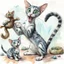 Placeholder: Playful watercolor sketch of two expressive Cats . One green eyed Oriental Shorthair blue and white mackerel tabby cat shorthair cat large, clutching a toy squirrel stands upright, mouth open in a comical pose, while a smaller blue eyed Oriental Shorthair cat with wide eyes sits below. Loose, gestural ink lines and soft watercolor washes overlay in a humorous scene. soft pastel cat bed with home background with subtle shading emphasizes the quirky funny characters in Chuck Jones style.