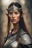 Placeholder: Warrior young woman with asian eyes, tanned skin, serious look, wearing an elven armor,