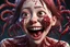 Placeholder: Woman with rare eyes,smiling meanwhile many worms streaming from his mouth, face distorted with pain, screaming, tears streaming, siting pose, fullbody, Junji Ito style, darkred tones,high detailed, 4k resolution, digital paiting, cute, art, no background 3d pixar disney the cinematic FKAA, TXAA, and RTX graphics technology employed for stunning detail.