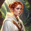Placeholder: dungeons & dragons; portrait; teenager; female; cleric; ginger hair; braided bun; brown eyes; cloak; flowing robes; cleric armor; nature; sunny; freckles; trusting; healing magic; prayer; veil