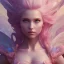 Placeholder: in front of a pink castle, a cheerful fairy, big smile, pink, blonde hair, beautiful, whole face, whole top hair head, wide open blue eyes, transparent wings onn the back, hyperrealism, masterpiece, expert, cinematic lighting, sharp focus, 8K, pastel, macro lens, woman, detailed, flower