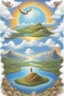 Placeholder: The creation of the world by God. In front of us is a valley with a beautiful landscape, where beautiful animals roam, beautiful birds fly in the sky, beautiful clouds and God in the clouds